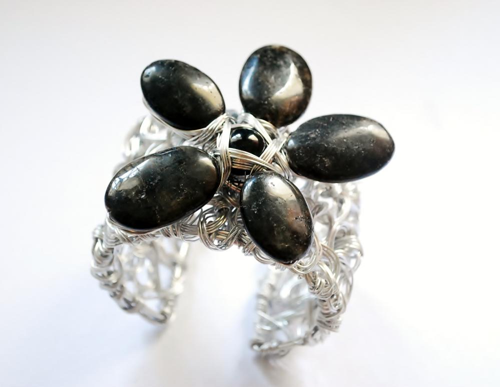 Obsidian Wire Wrapped Flower Bracelet Cuff