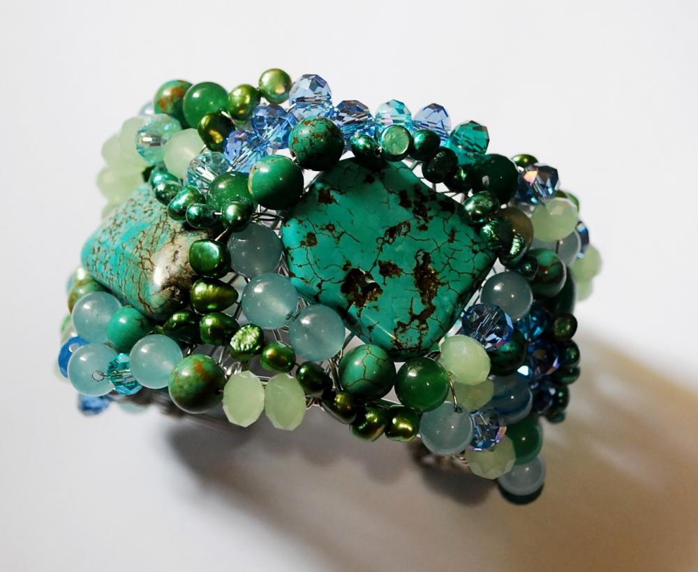 Beaded Cuff Bracelet Made With Tuquoise Gemstones, Fresh Water Pearls And Crystals