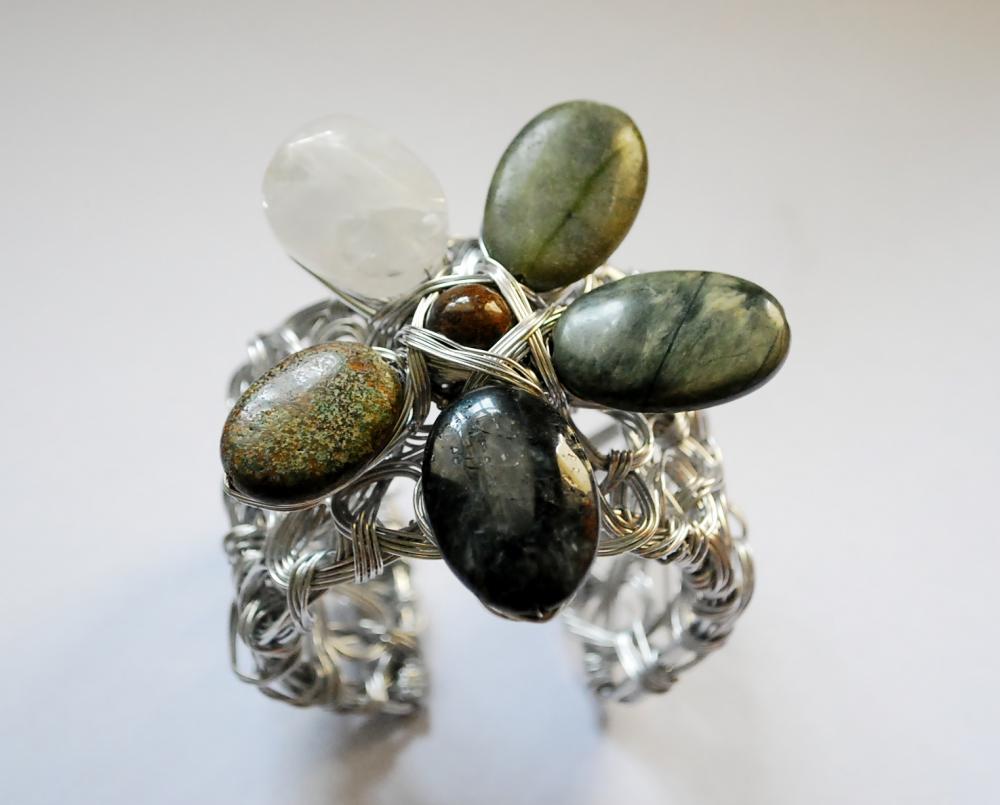 Obsidian, Quartz, Jasper Wire Wrapped Flower Bracelet Cuff