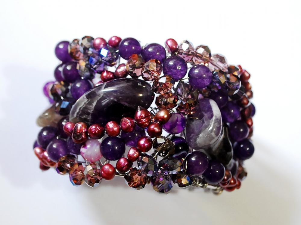 Beaded Cuff Bracelet Made With Amethyst Gemstones, Fresh Water Pearls And Crystals