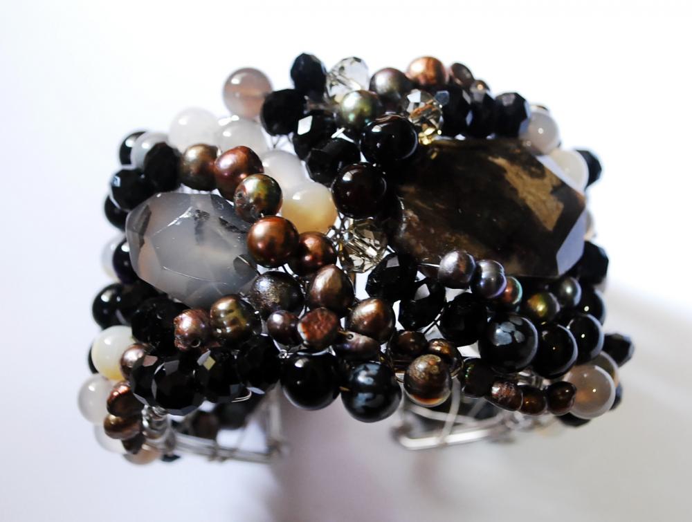 Beaded Cuff Bracelet Made With Botswana Agate Gemstones, Fresh Water Pearls And Crystals