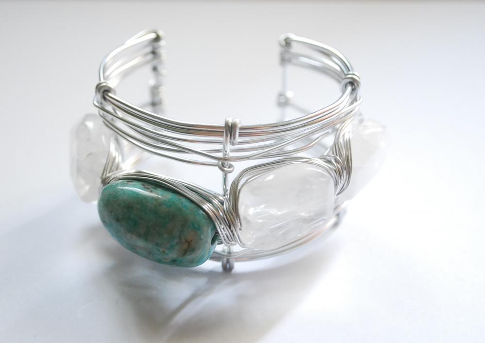 Quartz And Amazonite Gemstones Wire Wrapped Cuff - Semi Precious Stone - Summer Fashion Bracelet