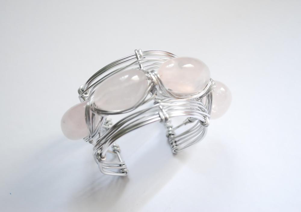 Rose Quartz Gemstone Wire Wrapped Cuff - Semi Precious Stone - Summer Fashion Bracelet
